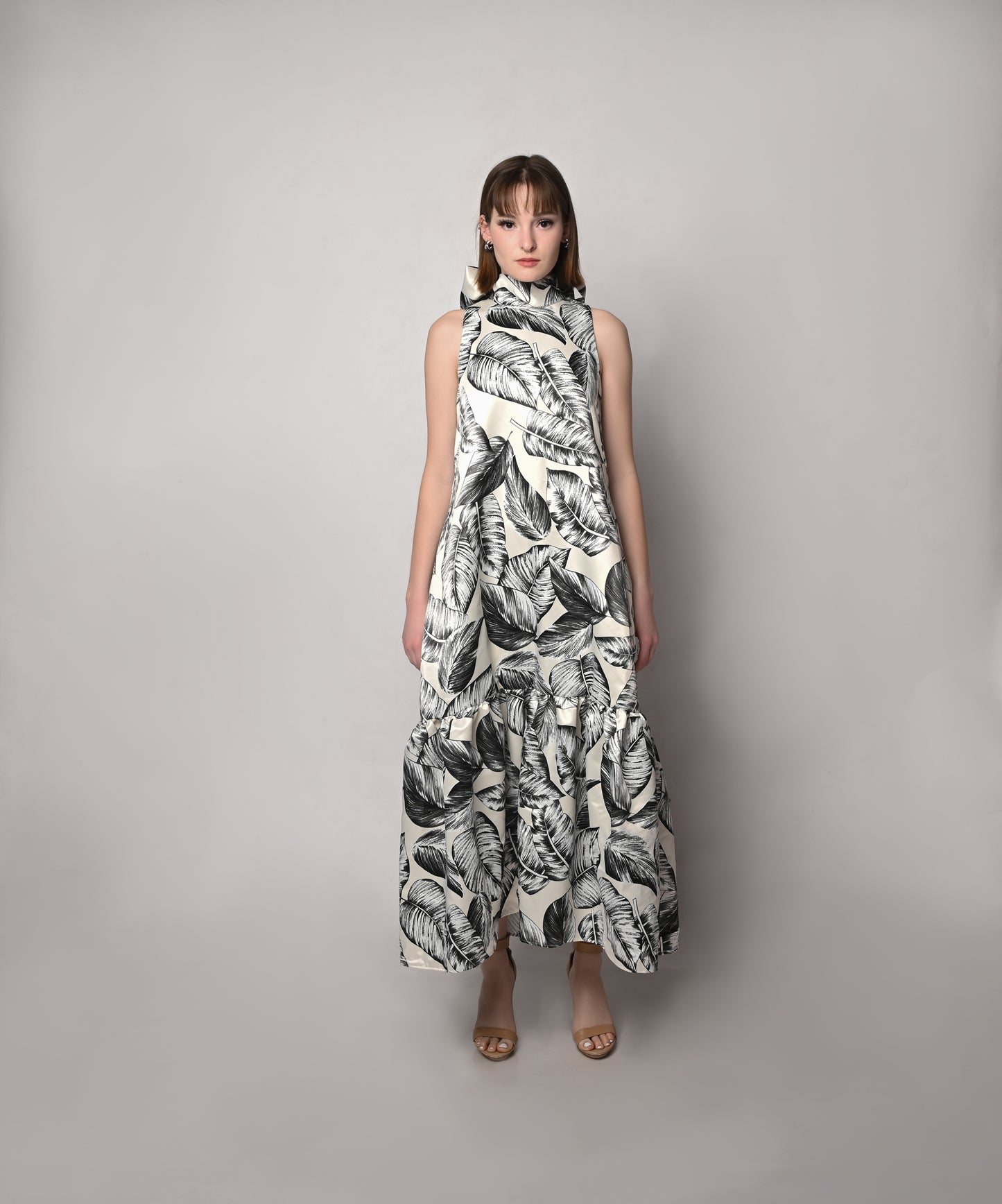 Look #7 - Satin tropical leaf printed day dress