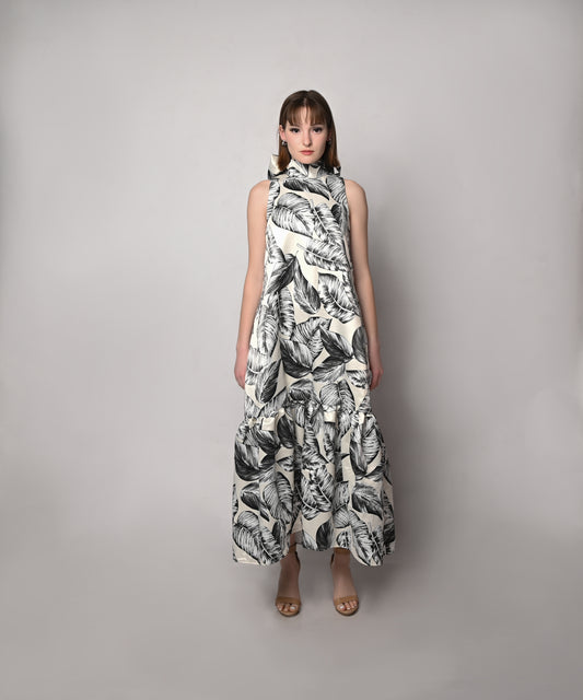 Look #7 - Satin tropical leaf printed day dress