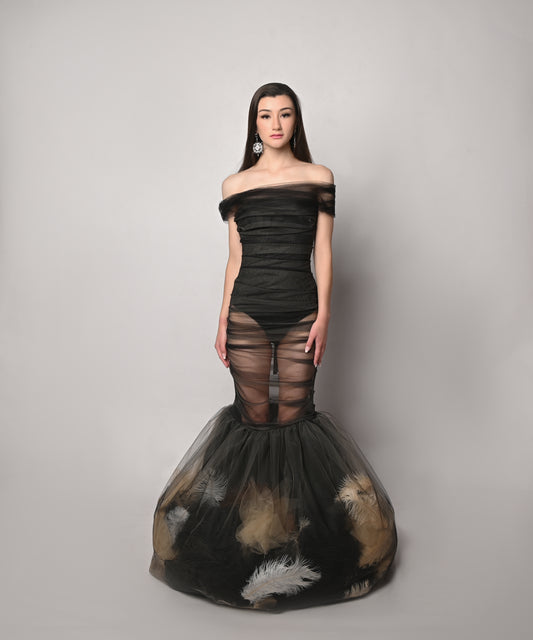 Look #5 - Tulle off shoulder bubble mermaid gown w/ ostrich feathers